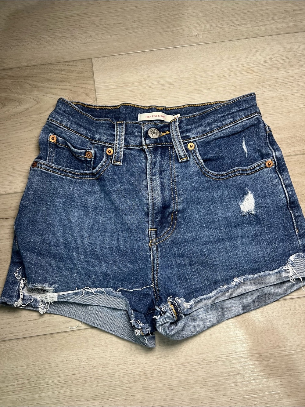 Women's High Waist Distressed Denim Shorts - Medium Blue